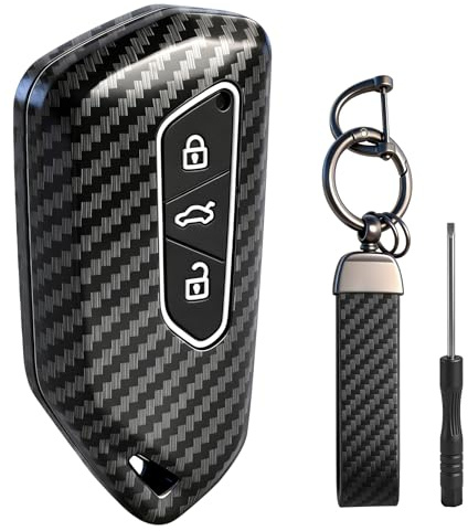 Schlüsselhülle Kompatibel mit VW Golf 8, ID3, ID4, GTI, GTE, E-Golf, Skoda Octavia, Seat Leon MK4, Cupra, 3 Tasten Auto Schlüssel Hülle, Carbon Autoschlüssel Cover mit Schlüsselanhänger