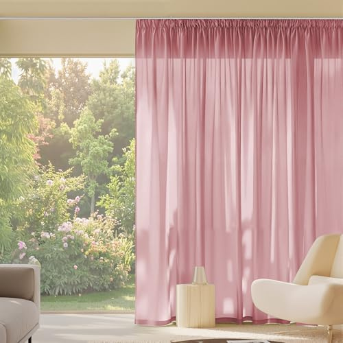 PONY DANCE Cortina Rosa Salon Moderna 1 Pieza,Semi Translucida | 300x245cm(AnxAl),Visillo Dormitorio Grande de 3 Metros, Transpirable y Ligero,Proteccion UV y Privacidad,con Fruncidas