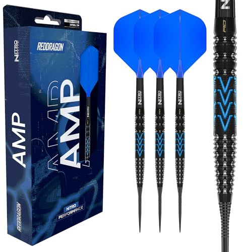 RED DRAGON Darts – AMP-serien – 21 g Tapered Tunna Steeldarts – dartpilar metallspets – 90 % Tungsten Profi dartpilar – Nitro Flite integrerad flyg/schakt, dartvingar och skaft
