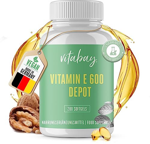 Vitabay Vitamina E 600 UI Depot alta dosificación - 200 cápsulas veganas y probadas en Laboratorio - con Tocoferol y Tocotrienol - La vitamina E contribuye a proteger las células del estrés oxidativo