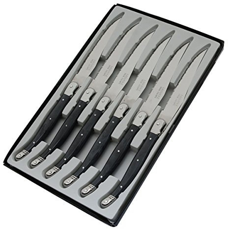 Pradel Excellence - Set 6 Couteaux de Table Laguiole Postiche - Lames Microdentées Acier Inoxydable - Manche ABS Gris Ergonomique - Boîte Transparente Élégante 15,7 x 25,7 x 1,5 cm