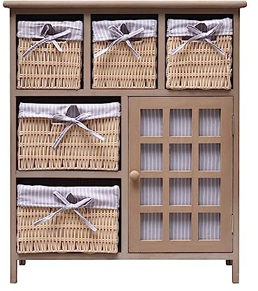 Rebecca Mobili platzsparender Küchenschrank, Schubladenkommode mit 1 Tür 5 Weidenkörben, Paulownienholz, Beige, Country-Stil, Einrichtung für Bad Küche – Maße: 70 x 60 x 30 cm (HxLxB) – Art. RE4444