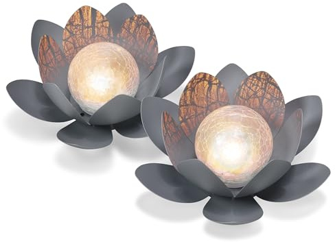 Esotec Solar Lotusblüte Gartendeko Gartenleuchte Bruchglas 2er Set 102087 | Solar Lotusblüte 2er Set, Metall + Bruchglas, warmweiß 2700K, bis 6Std, NiMH AAA Akku wechselbar, Dämmerungssensor, Ø26cm