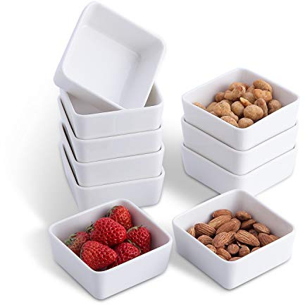 OMAYKEY 3.5 Inch Square Ramekins Set of 10, 6 oz Porcelain Ramekins for Baking, Creme Brulee Dish, Souffle Cups, Appetizer Cups, Dipping Sauce Dish, Custard Dish, Pudding Cups, White