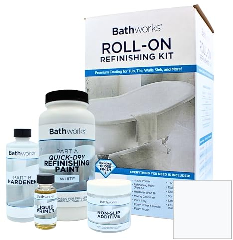 Bathworks Quick-Dry Roll-On Refinishing Kit - 22 fl oz, High Gloss White, Complete DIY System with Tools & Non-Slip Additive - Faster 12-Hour Dry Time for Bathtubs, Tile, Sinks & Showers