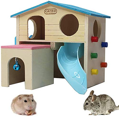 PINVNBY Hamsterhaus aus Holz, Kleintierversteck Kletterleiter, Rutsche, Hütte, Spielzeug für Streifenhörnchen, Maus, Ratte, Igel (blau)