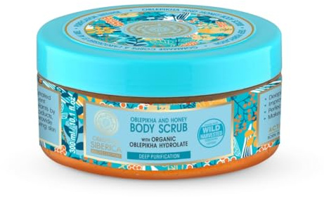 Exfoliante Corporal Natural Oblepikha Siberica con Aceite de Espino Amarillo y Pino Siberiano Body Scrub Peeling Corporal Mujer Hombre Exfoliante Cuerpo 300 ml Nutre Renueva y Suaviza la Piel