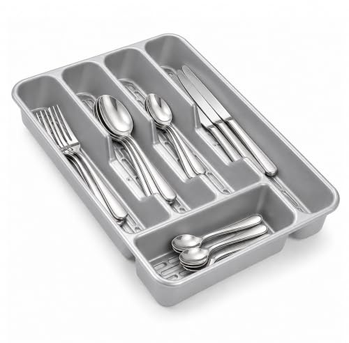 plastific Cutlery Tray Organizer, Plastic Cutlery Holder for Kitchen Drawer, Utensil Storage Tray for Forks, Spoons & Knives, (Silver, 33 x 24 x 4.3)