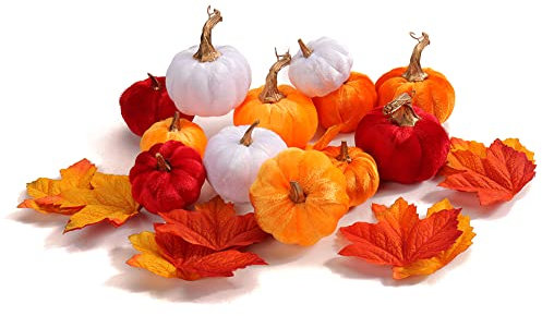Hollyone 12 Stück Kürbis Deko Set Herbst Künstliche Samt Kürbisse Mini mit 24 Pcs Ahornblätter Herbstdekoration für Thanksgiving Halloween Erntedankfest Home Dekoration