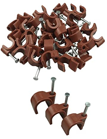 KafTon 25 Pack Round Cable Clips, Electrical Cable Wall Clip - Nail Clips Cable Management, Steel Nails Tacks Holder for Organizing Electric Wires Cables Line TV (4mm, Brown)