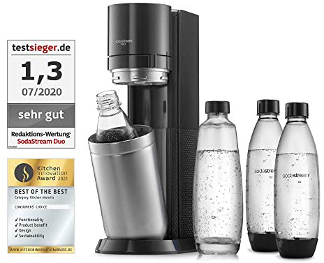 SodaStream Wassersprudler DUO Umsteiger ohne CO2-Zylinder, 1x 1L Glasflasche und 3x 1L spülmaschinenfeste Kunststoff-Flasche, Höhe: 44cm, Farbe: Titan