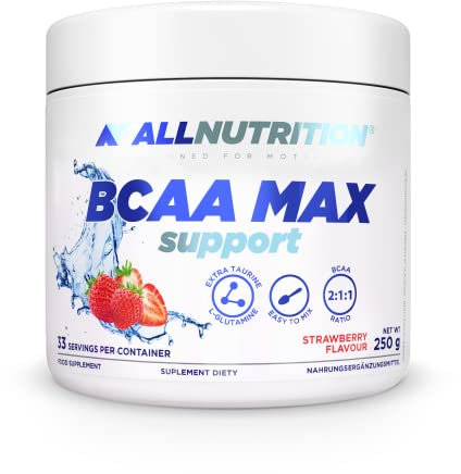 ALLNUTRITION BCAA Max Support - Branched Amino Acids Instant Powder - BCAA Food Supplement with L-Glutamine & Taurine - Supports Post Workout Recovery - 250g Strawberry