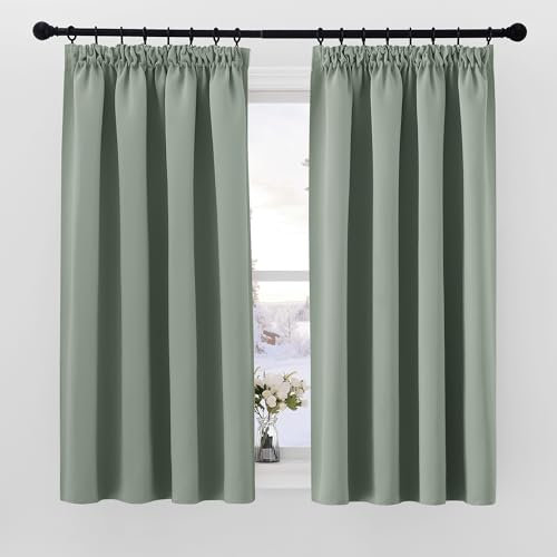 PONY DANCE Sage Green Thermal Blackout Curtains Short Window Curtains 54 Inch Drop for Room Darkening Pencil Pleat Curtains for Bedroom, Living Room with Hooks, 1 Pair, W46 X L54, Sage Green
