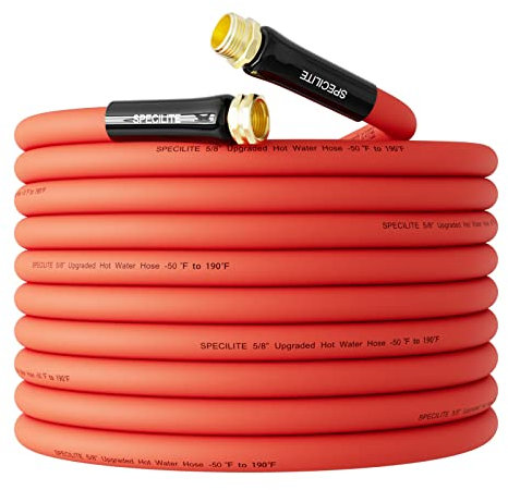 SPECILITE Heiß-/Kaltwasserschlauch, 1,6 cm x 22,9 m, robuster roter Gartenschlauch, -45,6 °C bis 87,8 °C, flexible und leichte Gummischläuche mit 1,9 cm Messingbeschläuchen für Hof, Outdoor, Bauernhof