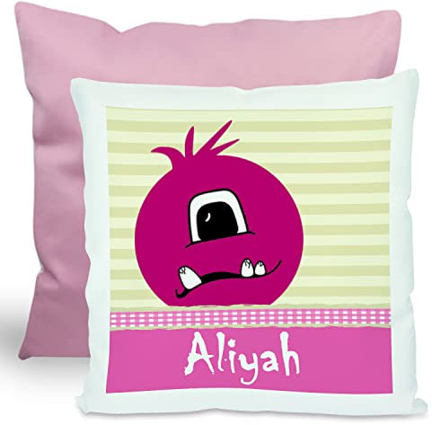 CreaDesign, Kinder Kissen 40x40 cm personalisiert mit Namen, Kinderzimmer Deko Kissen Kinder mit Füllung Federn, Motiv Monster rosa, Rückenfarbe Rosa