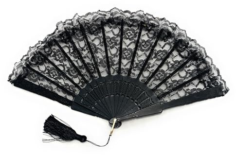 Caprilite Black Lace with Tassels Fan Chinese Folding Hand Held Dancing Prom Halloween Party Fans Gift UK