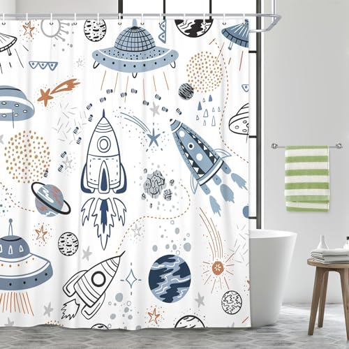 Drgilau Space Shower Curtain for Kids, Cartoon Planet Shower Curtains Cute Galaxy Bath Curtains for Children, Waterproof Galaxy Universe Kids Bathroom Sets Decor with 12 Hooks 36X72 Inch