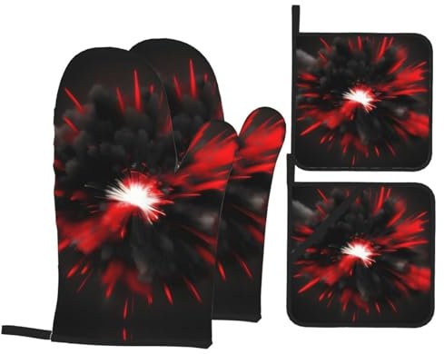 4-teiliges Set mit rutschfesten Handschuhen und Grillhandschuhen, isolierten Ofenhandschuhen und Stoffhaltern, ideal zum Kochen und Backen, Explosion Burst, Rot / Schwarz