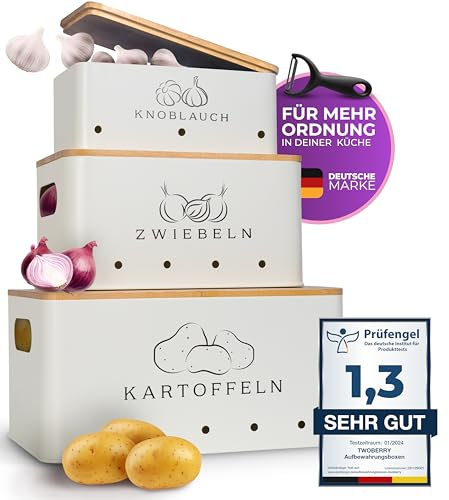 TWOBERRY Kartoffel Aufbewahrungsbox (3er Set) inkl. Sparschäler- längere Haltbarkeit durch Luftzirkulation - ideale Zwiebel Aufbewahrung Kartoffel Aufbewahrung & Knoblauch Eckig (Weiß)