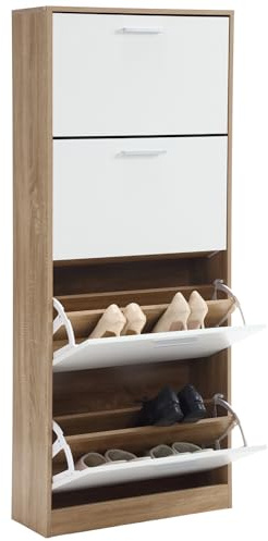 ZIK - Scarpiera Salvaspazio Slim in Legno (63x24x150) Doppia profondità Scarpiera da Ingresso Verticale 4 Ante, Moderna, Scaffale Scarpe di Design Adatti a Vari Stili di Arredamento (Rovere e Bianco)