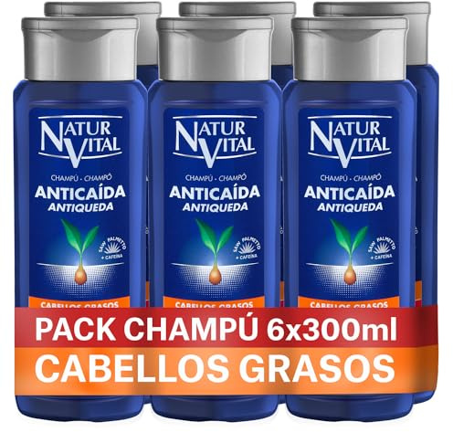 NaturVital 6-pack anti-hårschampo för fet hår, utan parabener och silikoner, förhindrar håravfall, naturligt bemyndigande, för män och kvinnor, 6 x 300 ml