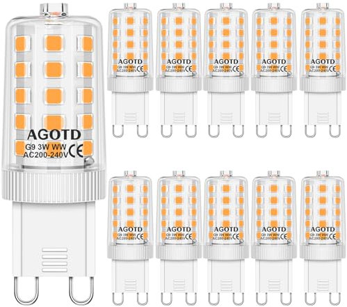 AGOTD Ampoules LED G9, 3W Equivalent 30W 40W Halogène Lampe, Blanc Chaud 3000K 525LM Sans Scintillement AC/DC 220-240V Pas de Scintillement, Non Dimmable, Lot de 10