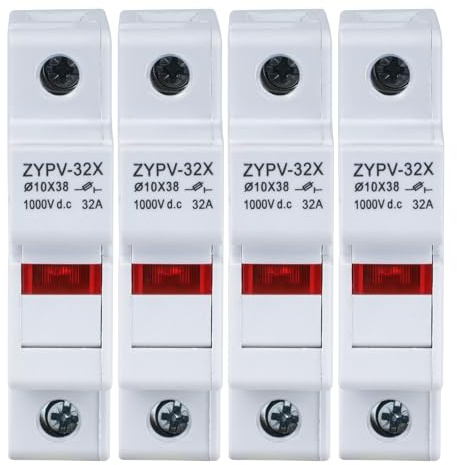 DEWIN PV Sicherungshalter, 4 Stück Solar PV Sicherungshalter 1P 32A Hutschienen Sicherungssockel mit Kontrollleuchte für 10 x 38 mm Sicherung DC 1000V