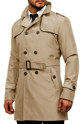 Runcati Trench Coat Men's Slim Fit Double Breasted Coat Medium Length Classic Business Casual Coat Autumn Windproof Coat, khaki, M