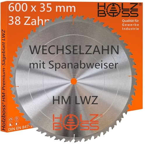 Holzboss ® HM-Sägeblatt 38 x Zahn LWZ 600 x 35 mmØ L-Wechselzahn mit Spanabweiser Rückschlagarm HW Kreissägeblatt WZ für Längschnitte Querschnitt Wippsäge Tischkreissäge Feinschnitt Holz