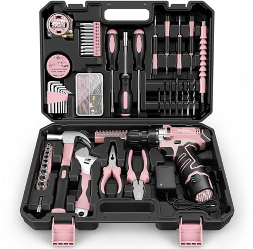 Sundpey Tool Kit with 12V Drill - Cordless Power Drill Tool Set - Protable General Basic Complete Home and Auto Repair Tools Set - Pink Tool Kit for Women with Wrench & Socket & Screwdriver Kit