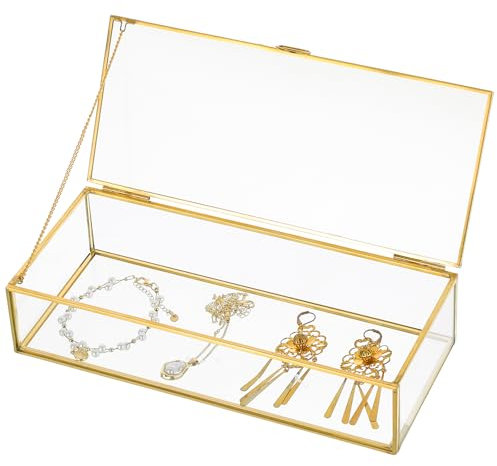 AMGSH 9 Golden Vintage Glass Keepsake Box (9in × 3.9in × 2in)