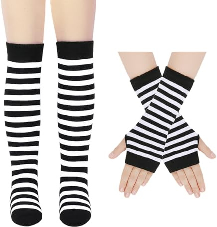 FDGGT 1 Par De Calcetines Hasta La Rodilla A Rayas Y 1 Par De Guantes A Rayas, Calcetines Niña, Calcetines Térmicos Elásticos, Guantes Sin Dedos, Guantes Largos De Punto