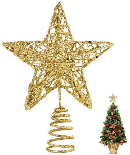 KEYIDO Small Christmas Tree Topper, Gold 3D Hollow Glitter Tree Star, 6 Inch Metal Mini Christmas Treetop Star for Xmas Tree Topper Ornaments Christmas Home Decorations