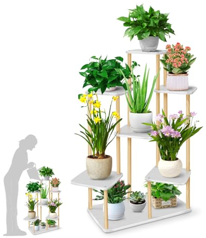 SUNDOY Plant Stands, Wooden Flower Shelf for Indoor/Outdoor, Plant Display Rack for Living Room, Bedroom, Balcony, Garden, Patio, Multi-Purpose Flower Pot Holder (7-Tier-White-Oak)