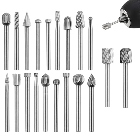 20Pcs Wood Carving Bits Set for Dremel Rotary Tool Grinding Burr Stone Carbide Bit with 3mm 1/8inch Shank for Woodworking DIY Glass Ceramics Tile Engraving Drilling Grooving Polishing Micro Sculpture