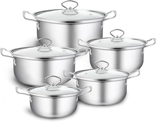 HOUSLUX Topfset, Topfset Induktion Topf Kochtopf Set 5-teilig,Kochtopf Set mit Glasdeckel, Topfset Edelstahl poliert, Töpfe Set unbeschichtet Edelstahl poliert, Töpfe Set unbeschichtet（Silbrig ）