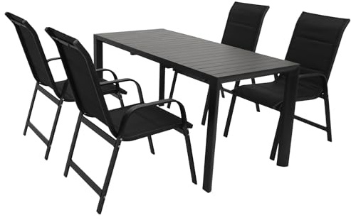 DEGAMO Gartengarnitur Lagos 5-teilig, 4X Stapelsessel aus Aluminium anthrazit und gepolstertem Textilgewebe in schwarz + 1x Ausziehtisch Aluminium 120/162x70cm, anthrazit