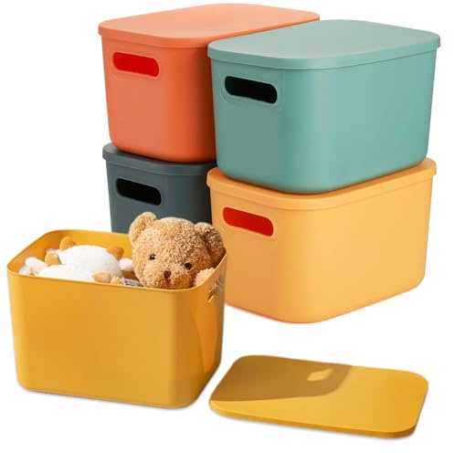 Exquilnova 4 Stück Aufbewahrungsbox mit Deckel, Stapelbare Plastikbox Kunststoff Ordnungsboxen Aufbewahrungsbehälter Bad Organizer Aufbewahrungsboxen für Küche Büro Schlafzimmer Wohnzimmer (Bunt)