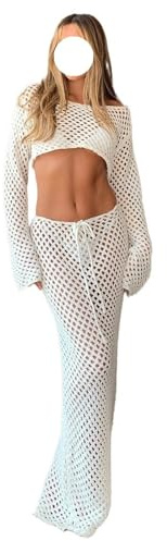 Copricostume da Bagno all'uncinetto da Donna Gonna lunga traforata Y2k da donna, set all'uncinetto, manica lunga, crop top con laccetti, gonna lunga aderente in maglia, completo estivo da spiaggia in