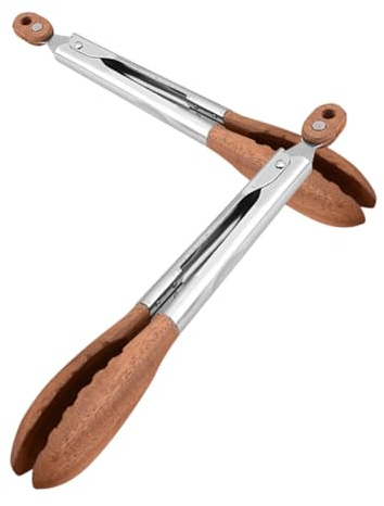 HEALLILY 2pcs Walnut Wood Stainless Steel Food Tongs with Convenient Locking Mechanism Easy to Clean 9inch Kitchen Utensils for Grilling and Salad Serving