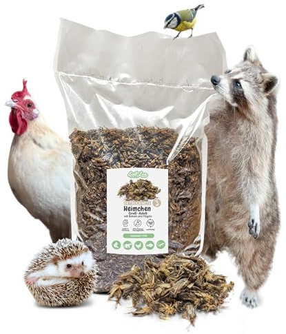 EntoZoo - getrocknete Grillen, Heimchen, Acheta Domesticus mit Beinen und Flügeln Futterinsekten, Vogelfutter, Igelfutter, Fischfutter, proteinreicher Snack für Reptilien Made in Germany (1 Kg)