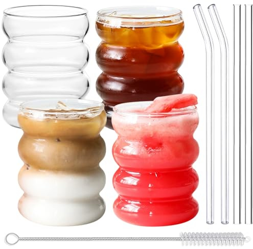 AXVRAV Juego de vasos acanalados con pajita de cristal, 4 vasos de café helado de 350 ml con pincel, vasos de agua, vasos de cóctel, vasos de burbuja, juego de vasos para latte macchiato, whisky