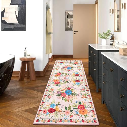 Küchenteppich Flur Teppich 60x180cm,, Blumen Teppich Kurzflor, Küchenteppich Waschbar, Flurteppich Läufer Lang Rutschfester für Küche, Wohnzimmer, Bettvorleger, Büro, Flur, Eingangsbereich, Rosa