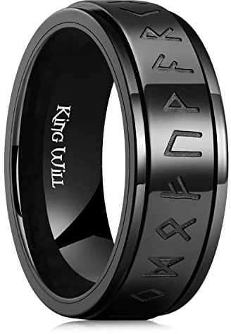 King Will Herren-Ehering 8mm aus Edelstahl, Dreh- oder Basismodell, schwarz/grau/silber/gold plattiert, mit griechischem Schlüssel-, Runen- oder Lebensbaum-Muster, Komfort-Fit