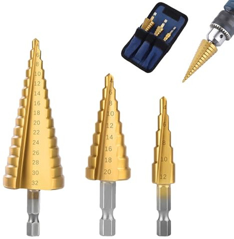 3pcs HSS Step Drill Bits Set, Titanium Step Drill Bits, Hex Shank Spiral Stepped Cone Drill Bit 4-12mm 4-20mm 4-32mm, for Metal Plastic Wood Hole Cutting, High Speed Steel Cutter Kit with Carry Pouch