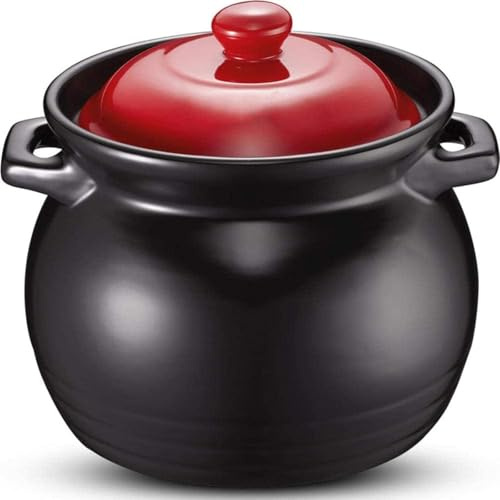 Cacerola de Barro de 6 l, Cacerola de cerámica para guisos, sopas y decocciones, con retención de Calor, Color Rojo y Negro, Compatible con Horno, Gas y microondas.