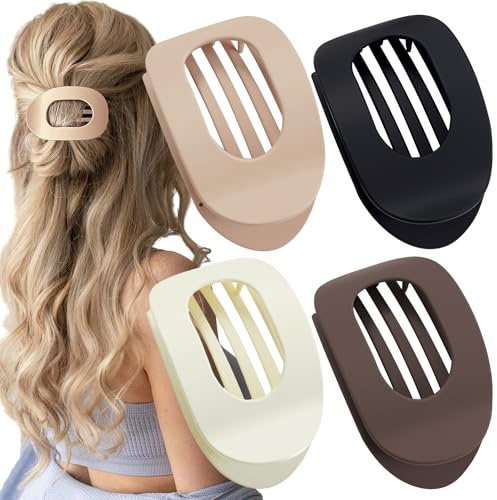 AerLiia 4 Pcs Flat Hair Claw Clips Curved Design Duckbill Hair Clips for Thick,Thin Hairs Round Neutral Colour Matt Flat Claw Clip for Women Comfortable Lay Down Flat Hair Clip for Women and Girls
