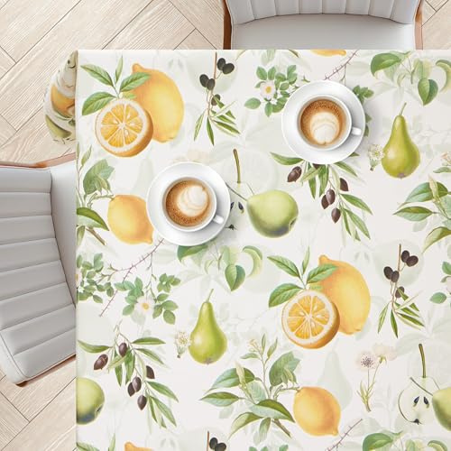 KP HOME Vintage Green PVC Table Cloth Wipe Clean Plastic Table Cover with Botanical Fruits Lemons Pears & Olives - Rectangle 78.7”x55.1 / 200x140cm Wipeable Tablecloth Oilcloth Waterproof Soft Vinyl
