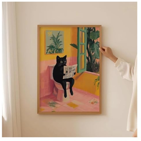 MINGYTN Wandkunst-Leinwanddrucke Lustige Toilettenkatze, Leinwanddruck, Poster, Japanische Dopamin-Ästhetik-Malerei Für Katzenliebhaber, Badezimmer, Waschraum, Home Art Decor(40x50cm)
