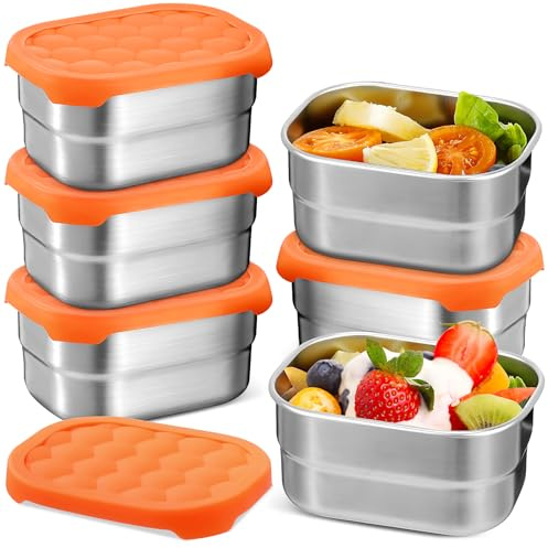 6 Pack 304 Stainless Steel Snack Containers, 250 ml Food Pots with Lids | Stackable Metal Food Containers with Airtight Silicone Lids for Snacks, Fruit, Dips, Sauces, Meal Prep, Office and Travel